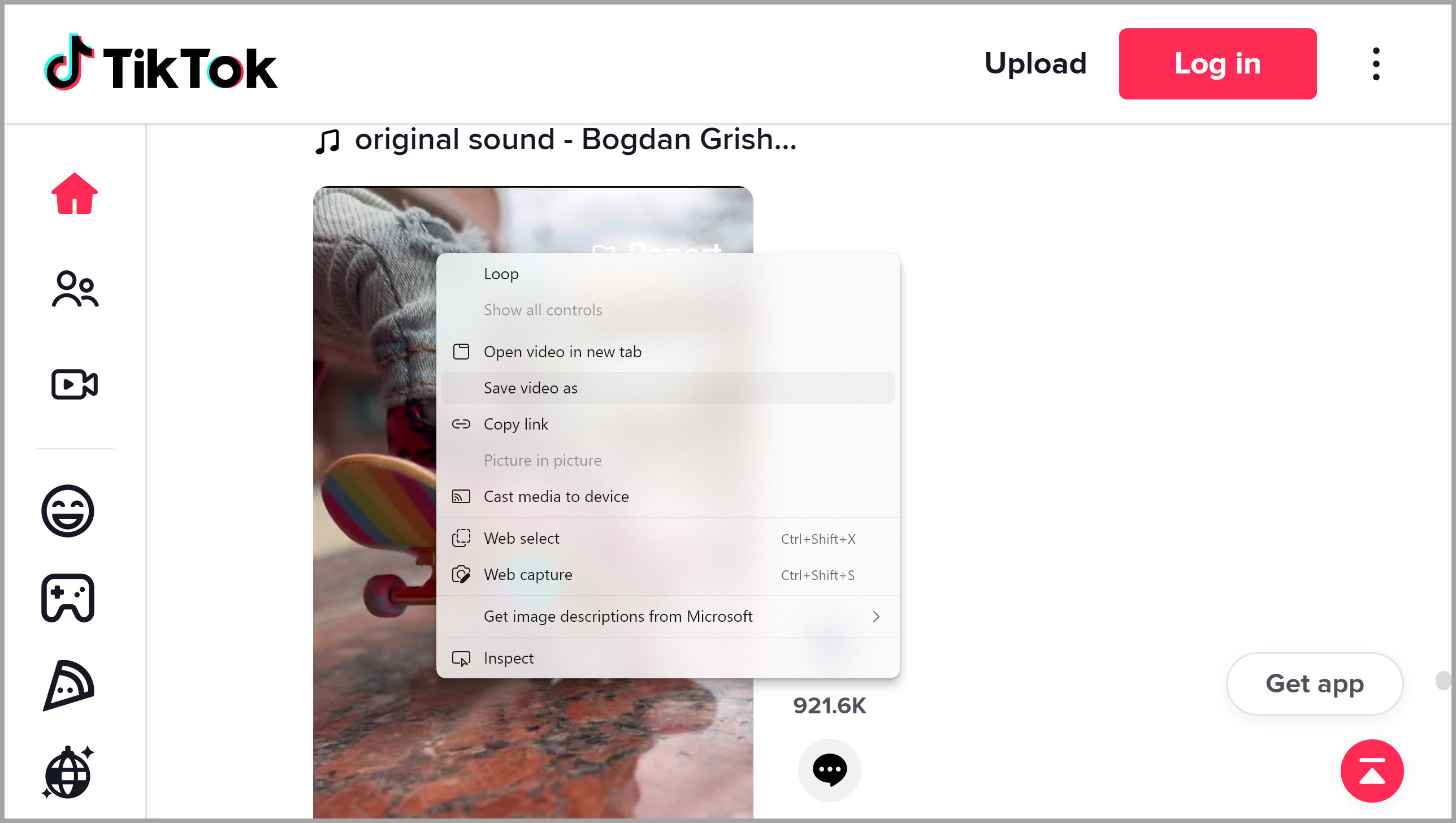 Microsoft Store の TikTok アプリで右クリックして動画を保存する